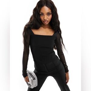 Abercrombie & Fitch Square Neckline Mesh Long Sleeve Top In Black